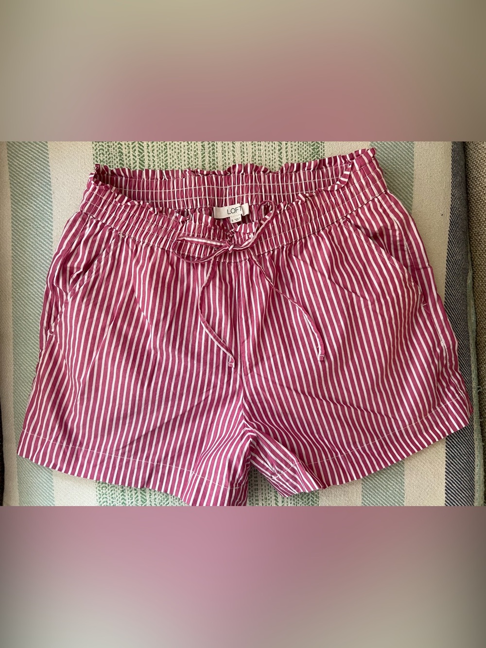 LOFT Pink and White Stripe Drawstring Shorts